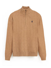RL Cable-Knit Half Zipper Cotton Sweater (camel brown)