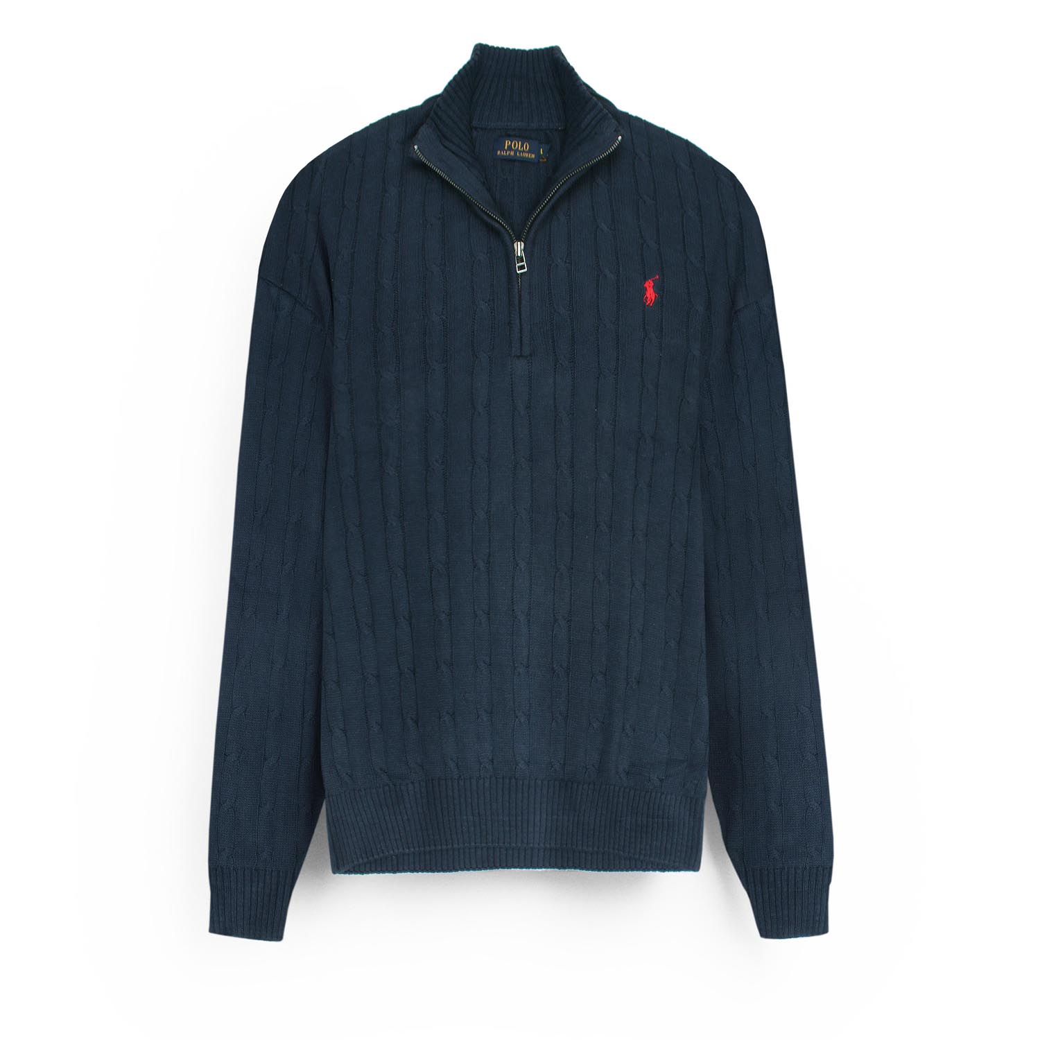 RL Cable-Knit Half Zipper Cotton Sweater (navy blue) – brandahub