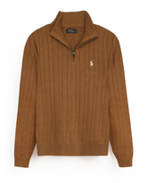 RL Cable-Knit Half Zipper Cotton Sweater (camel brown) white pony