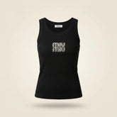 brandahub Silver Crystal Mimi Premium Ribbed Tank Top -Black | Crystal Logo