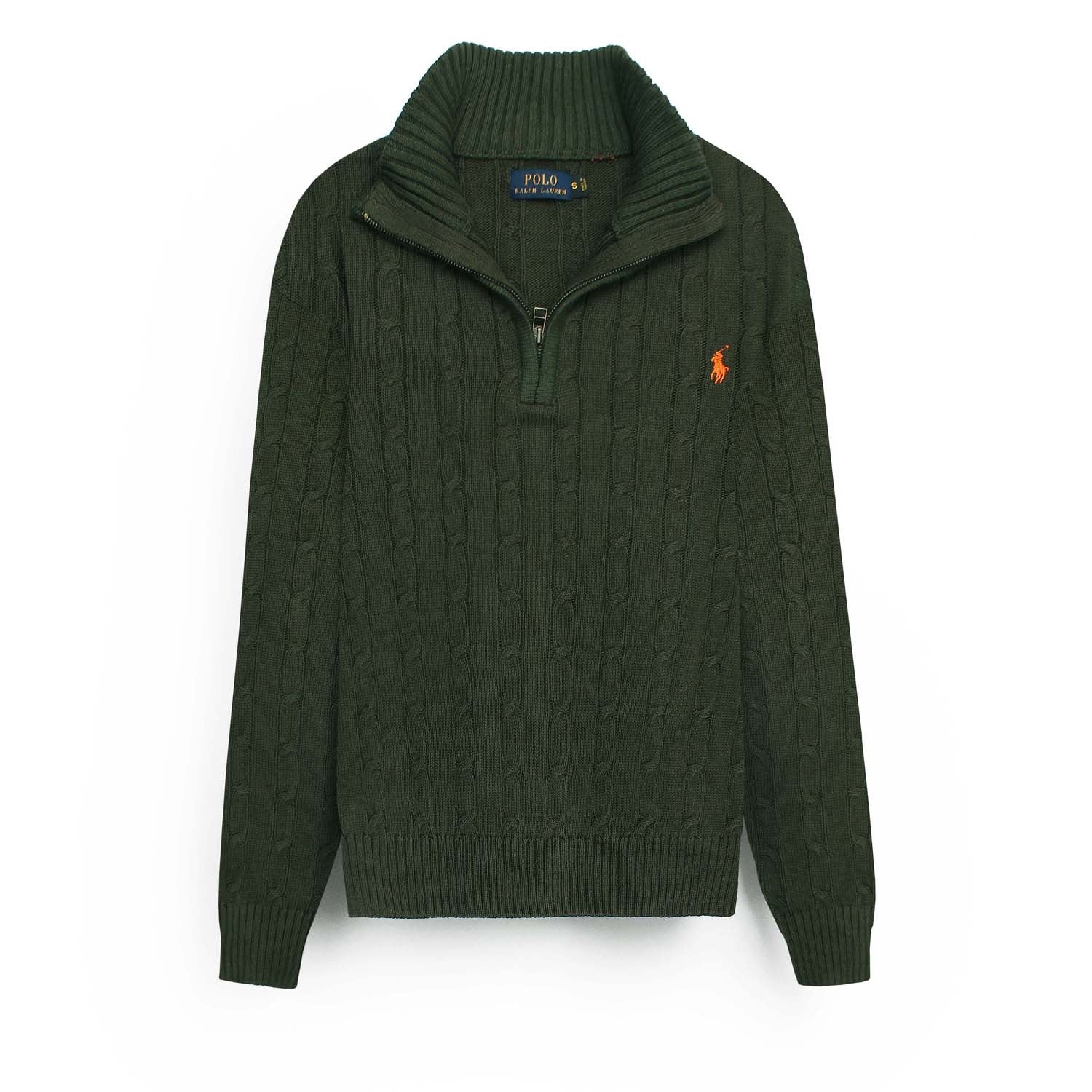 RL Cable-Knit Half Zipper Cotton Sweater (olive green)