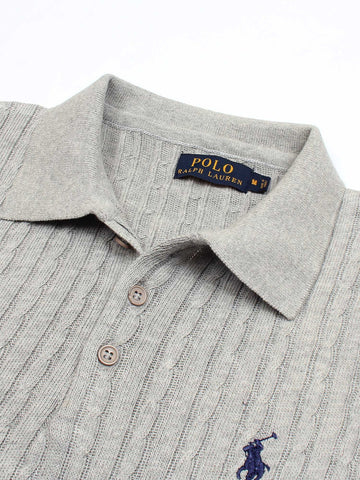 RL cable knit polo-heather grey