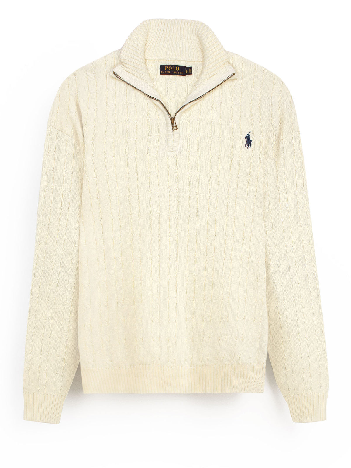 RL Cable-Knit Half Zipper Cotton Sweater (lemon white)