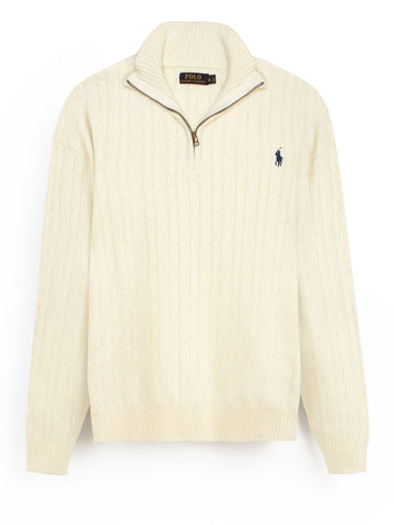 RL Cable-Knit Half Zipper Cotton Sweater (lemon white)