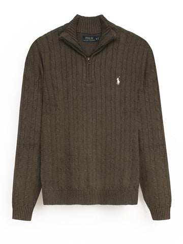 RL Cable-Knit Half Zipper Cotton Sweater (brown)