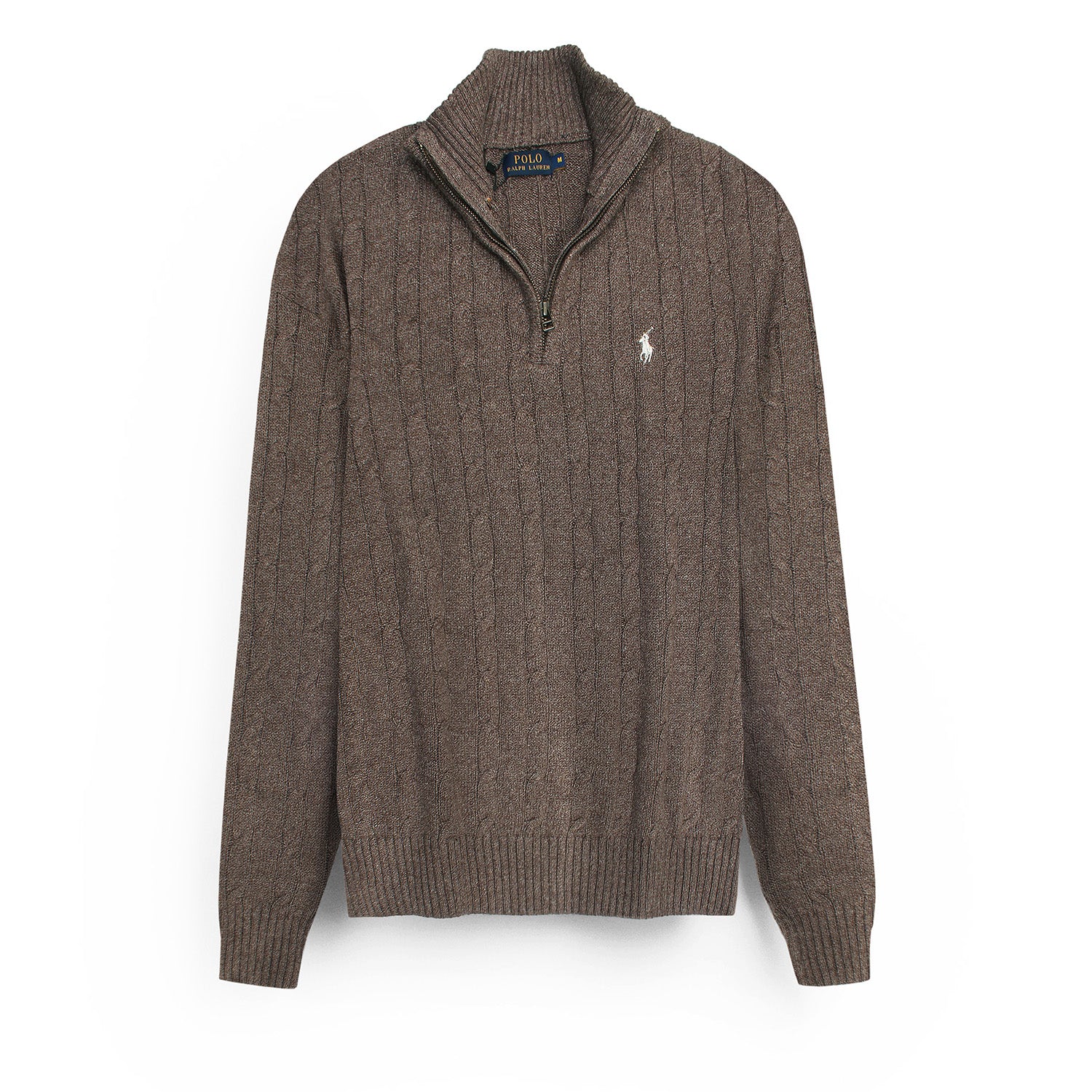 RL Cable-Knit Half Zipper Cotton Sweater (heather brown)