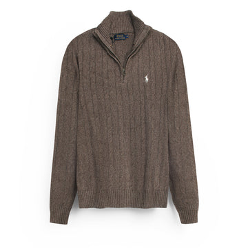 RL Cable-Knit Half Zipper Cotton Sweater (heather brown)