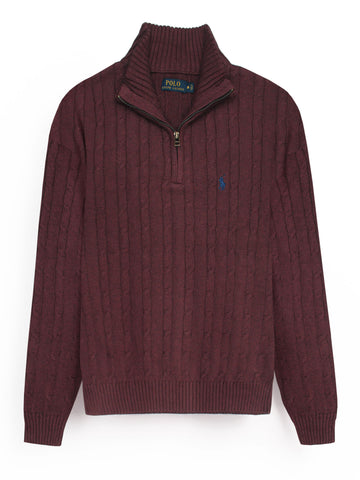 RL Cable-Knit Half Zipper Cotton Sweater (maroon)