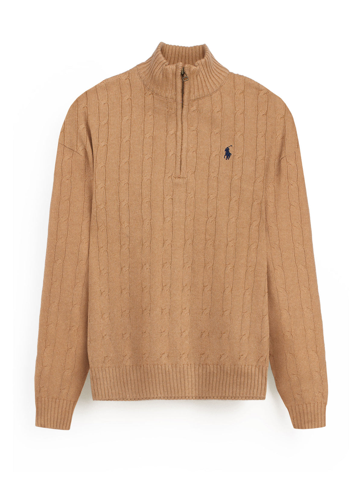 RL Cable-Knit Half Zipper Cotton Sweater (camel brown)