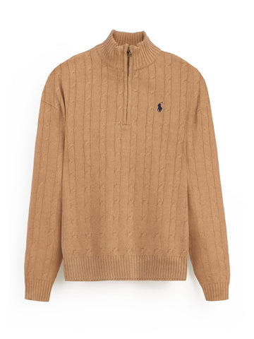 RL Cable-Knit Half Zipper Cotton Sweater (camel brown)