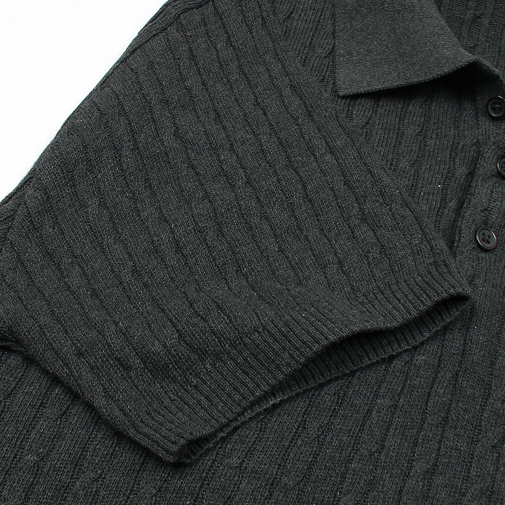 RL cable knit polo-charcoal grey