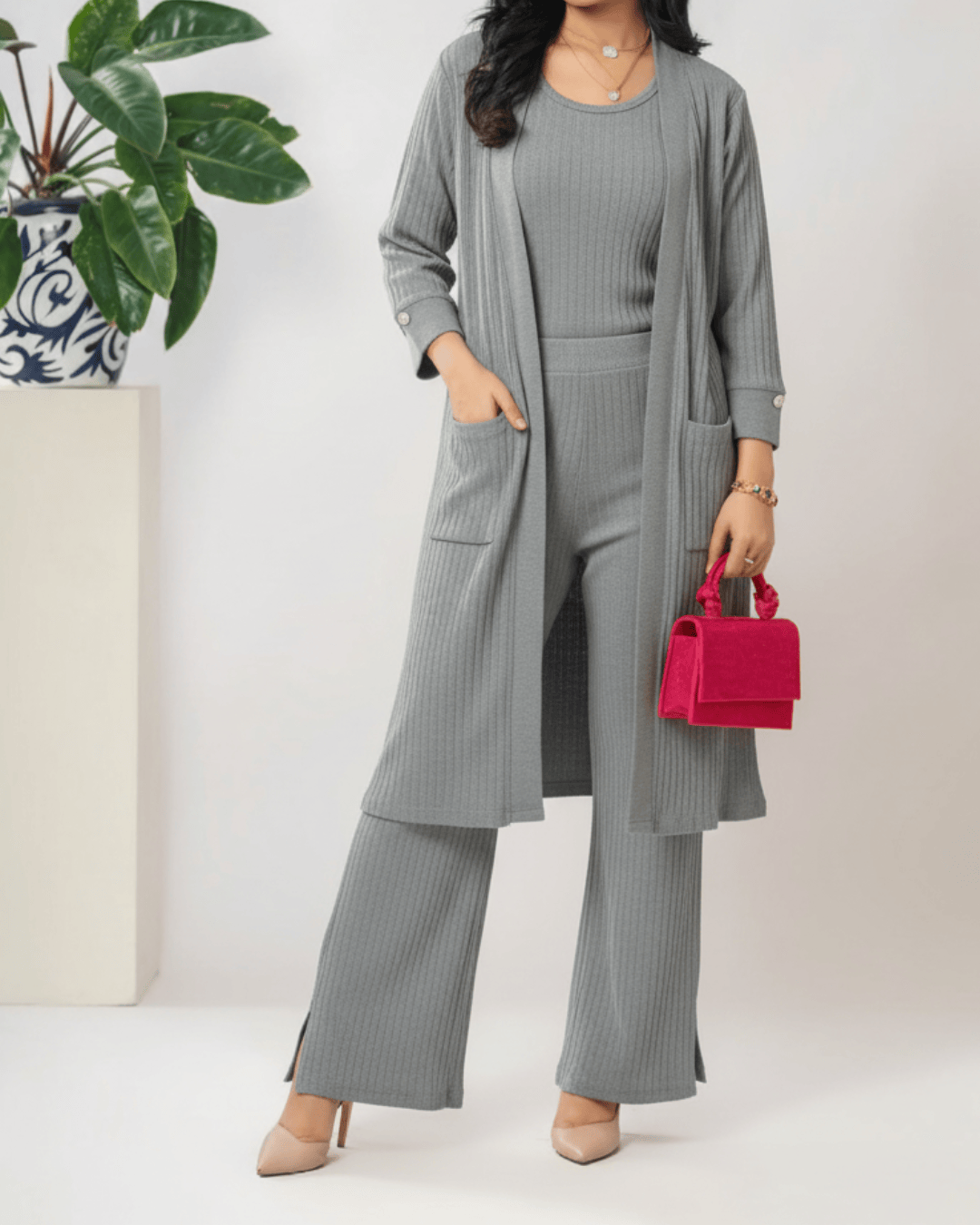 brandahub knit co-ord sets Free size The Allure 3-Piece Textured Knit Set (grey)