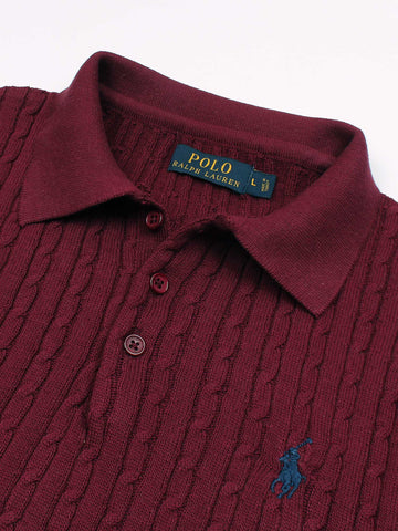 RL cable knit polo-Maroon