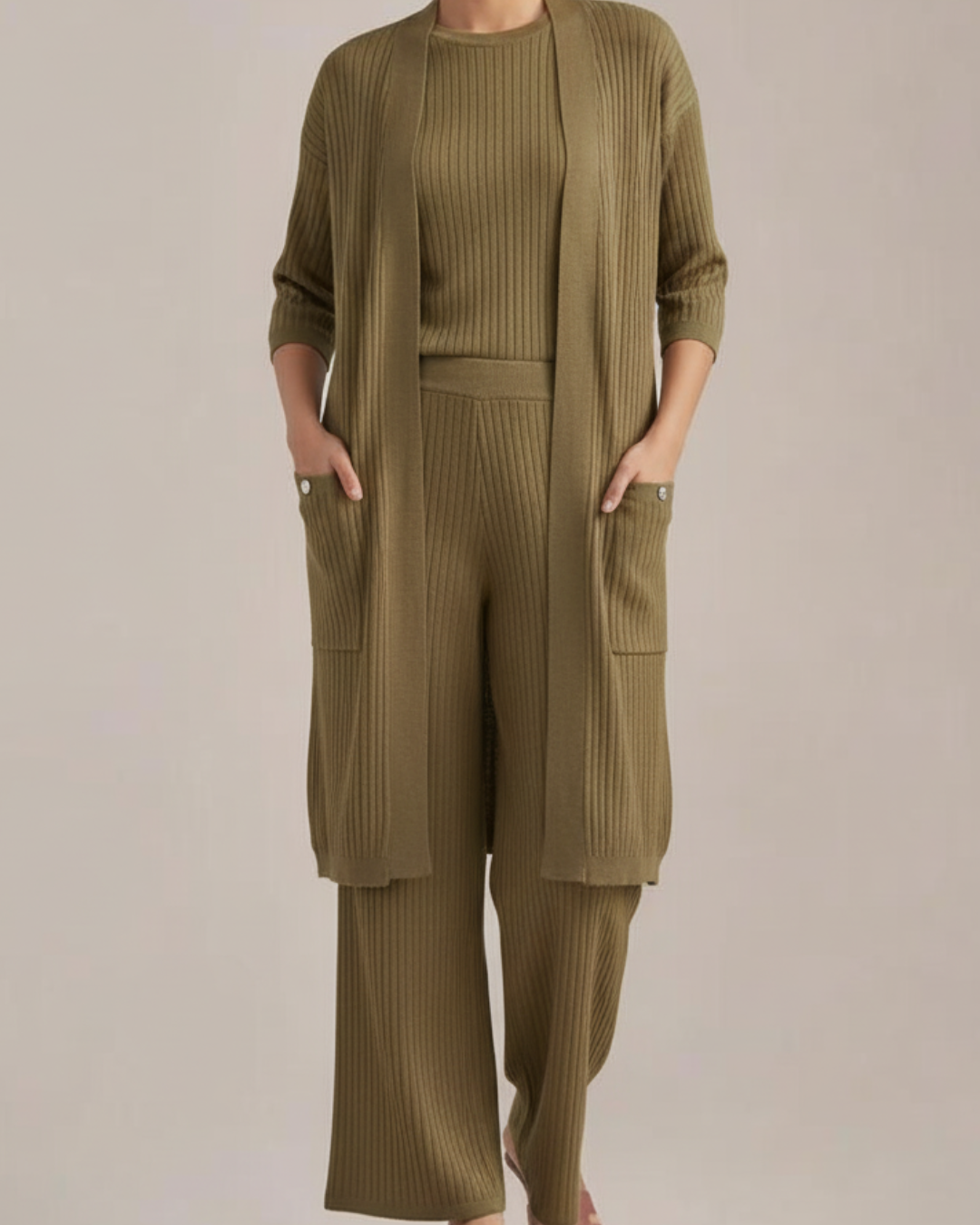 The Allure 3-Piece Textured Knit Set (khaki)