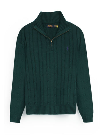RL Cable-Knit Half Zipper Cotton Sweater (green)