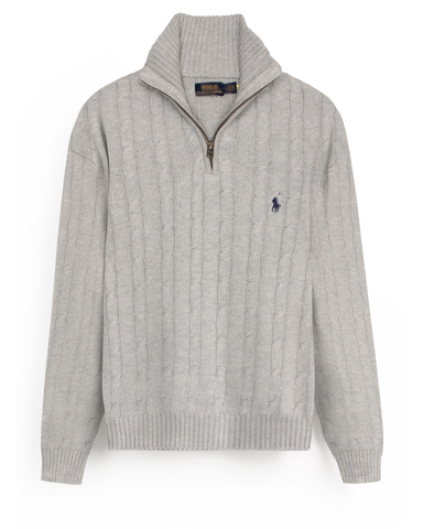 RL Cable-Knit Half Zipper Cotton Sweater (heather grey)