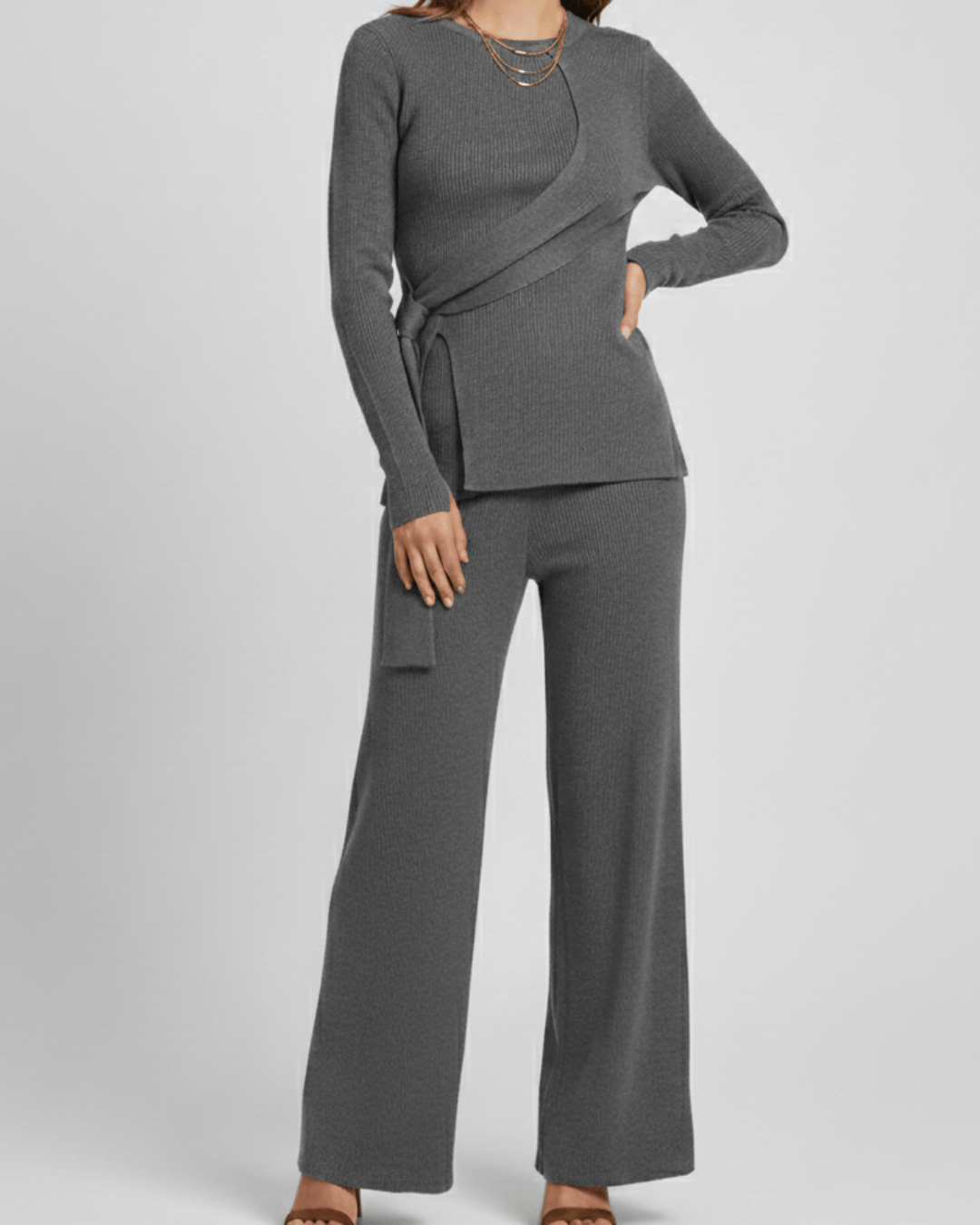 brandahub knit co-ord sets Free size The Aura Asymmetrical Tie-Knit Set (grey)