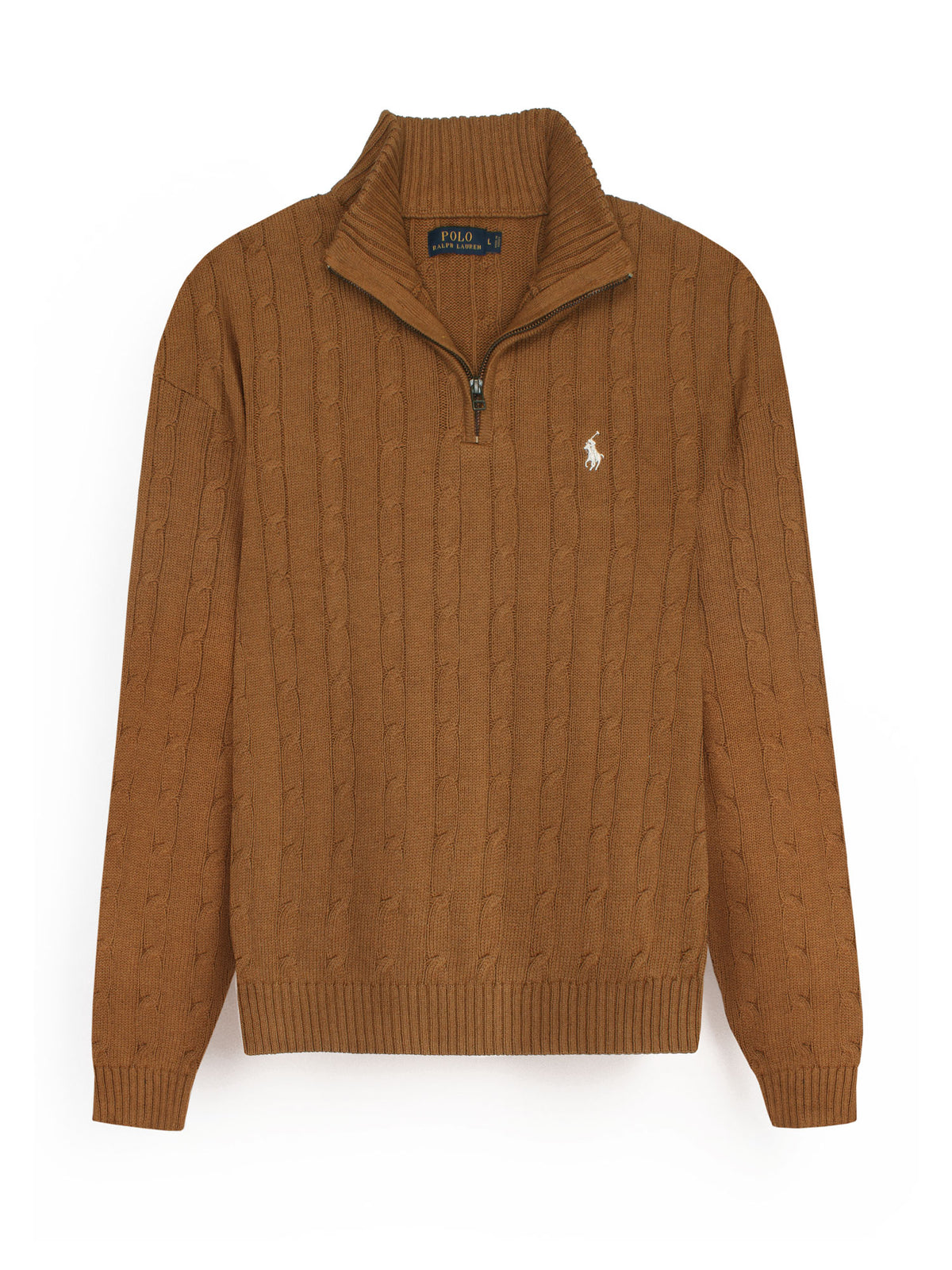 RL Cable-Knit Half Zipper Cotton Sweater (camel brown) white pony