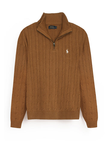RL Cable-Knit Half Zipper Cotton Sweater (camel brown) white pony
