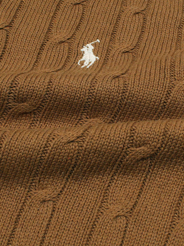 RL Cable-Knit Half Zipper Cotton Sweater (camel brown) white pony