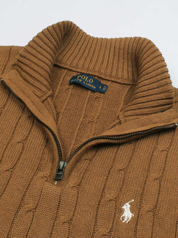RL Cable-Knit Half Zipper Cotton Sweater (camel brown) white pony