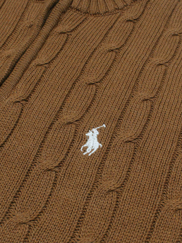 RL Cable-Knit Half Zipper Cotton Sweater (camel brown) white pony