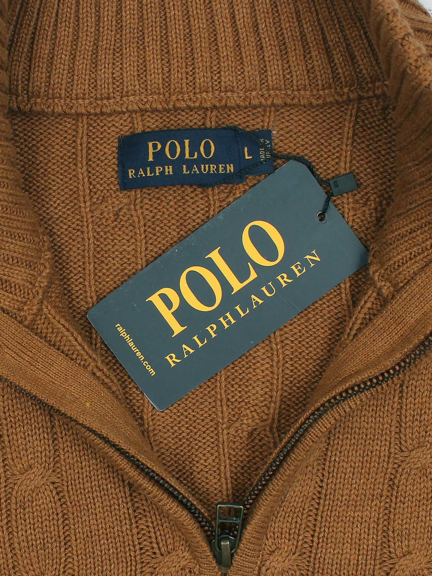 RL Cable-Knit Half Zipper Cotton Sweater (camel brown) white pony