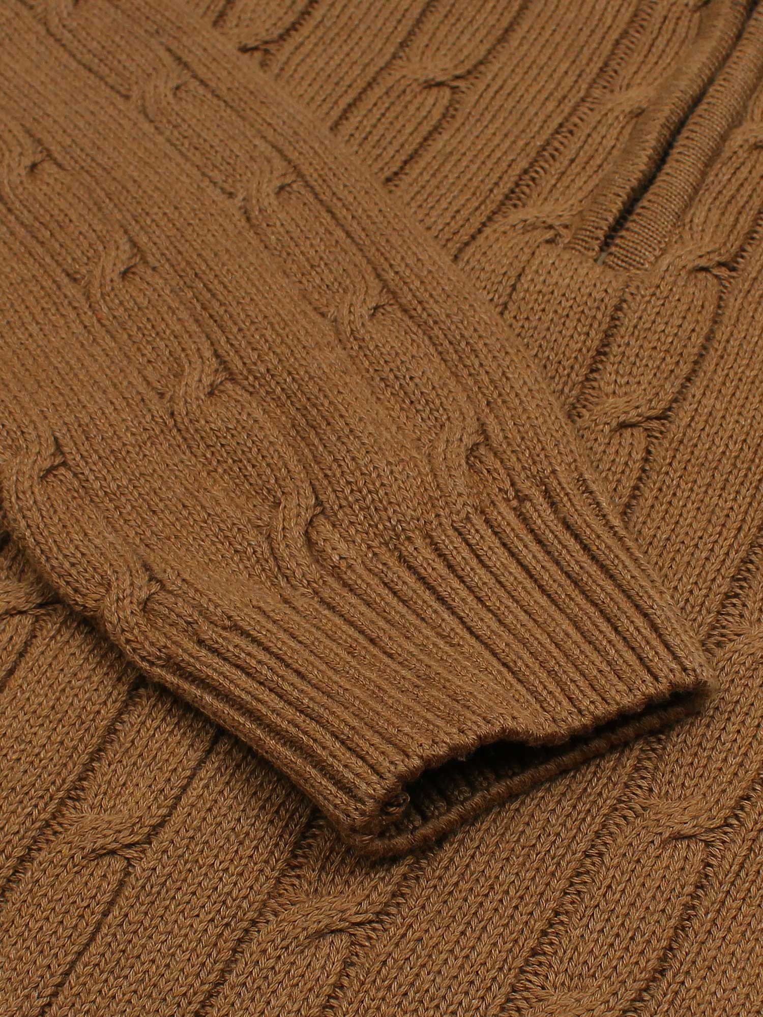 RL Cable-Knit Half Zipper Cotton Sweater (camel brown) white pony