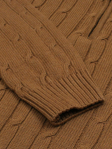 RL Cable-Knit Half Zipper Cotton Sweater (camel brown) white pony