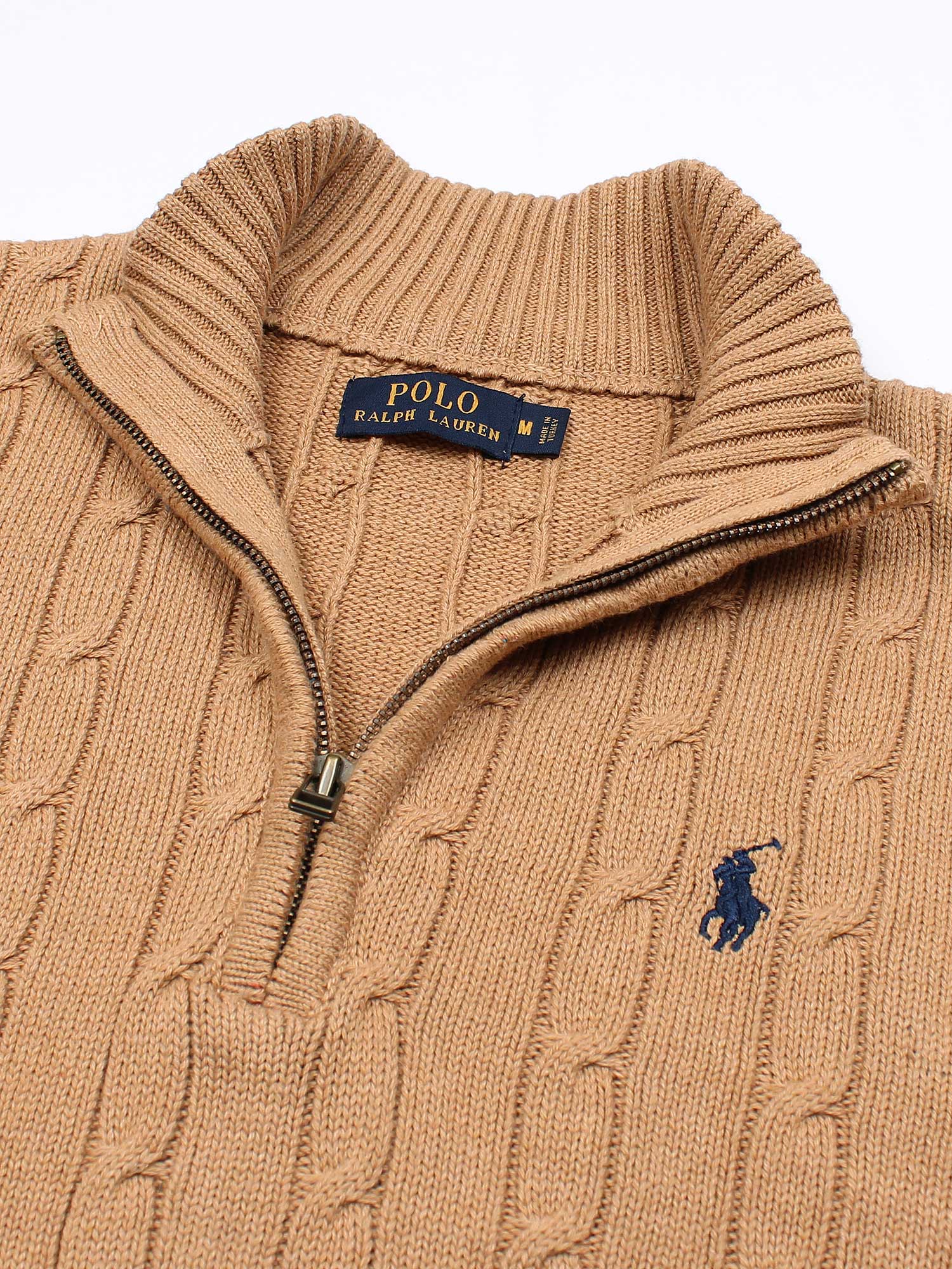 RL Cable-Knit Half Zipper Cotton Sweater (camel brown)