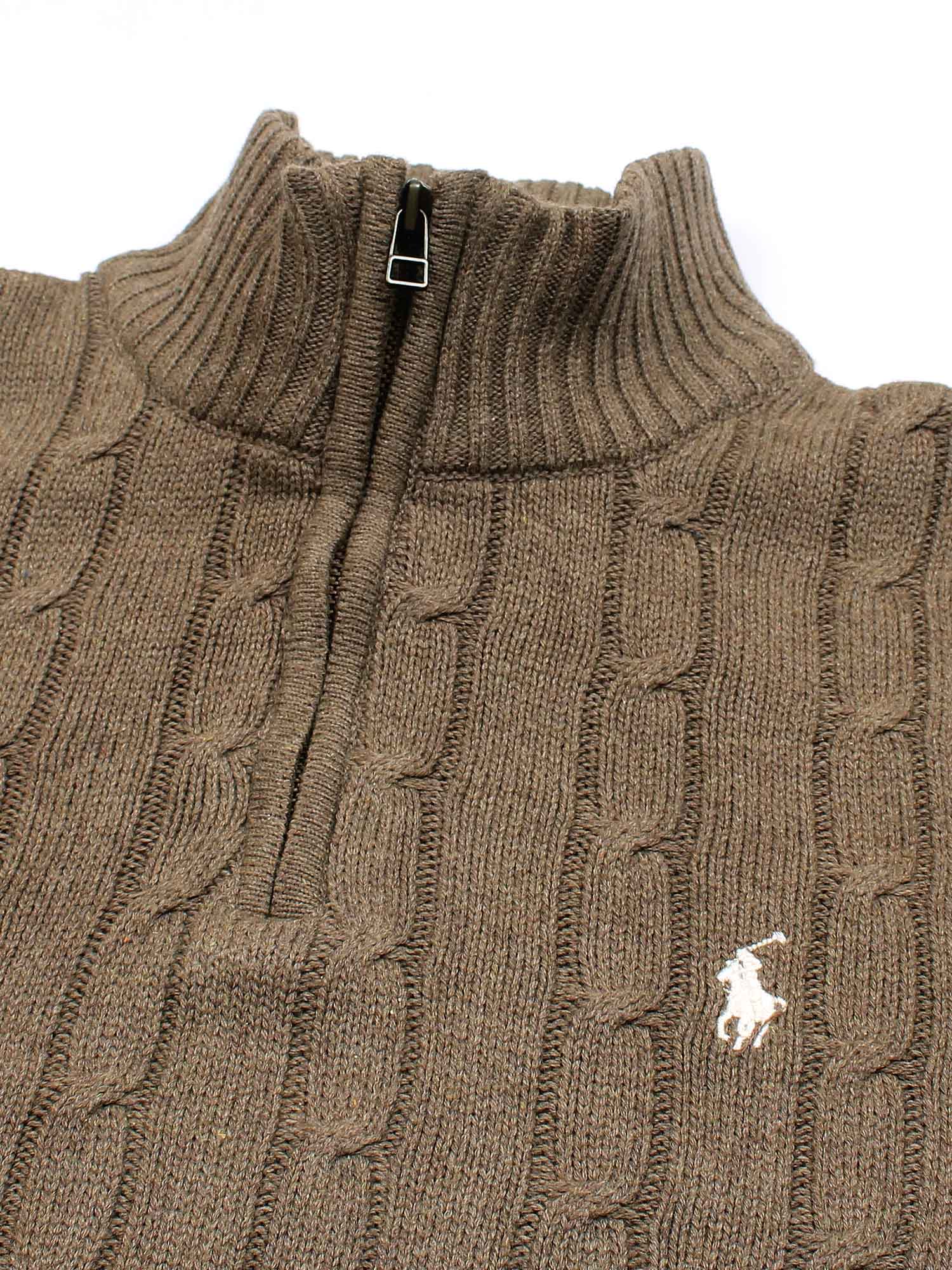 RL Cable-Knit Half Zipper Cotton Sweater (heather brown)