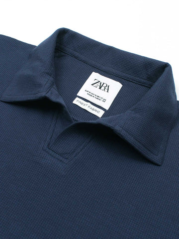 Brandahub polo shirts Premium Zr Waffle knit johnny collar polo-(navy blue)