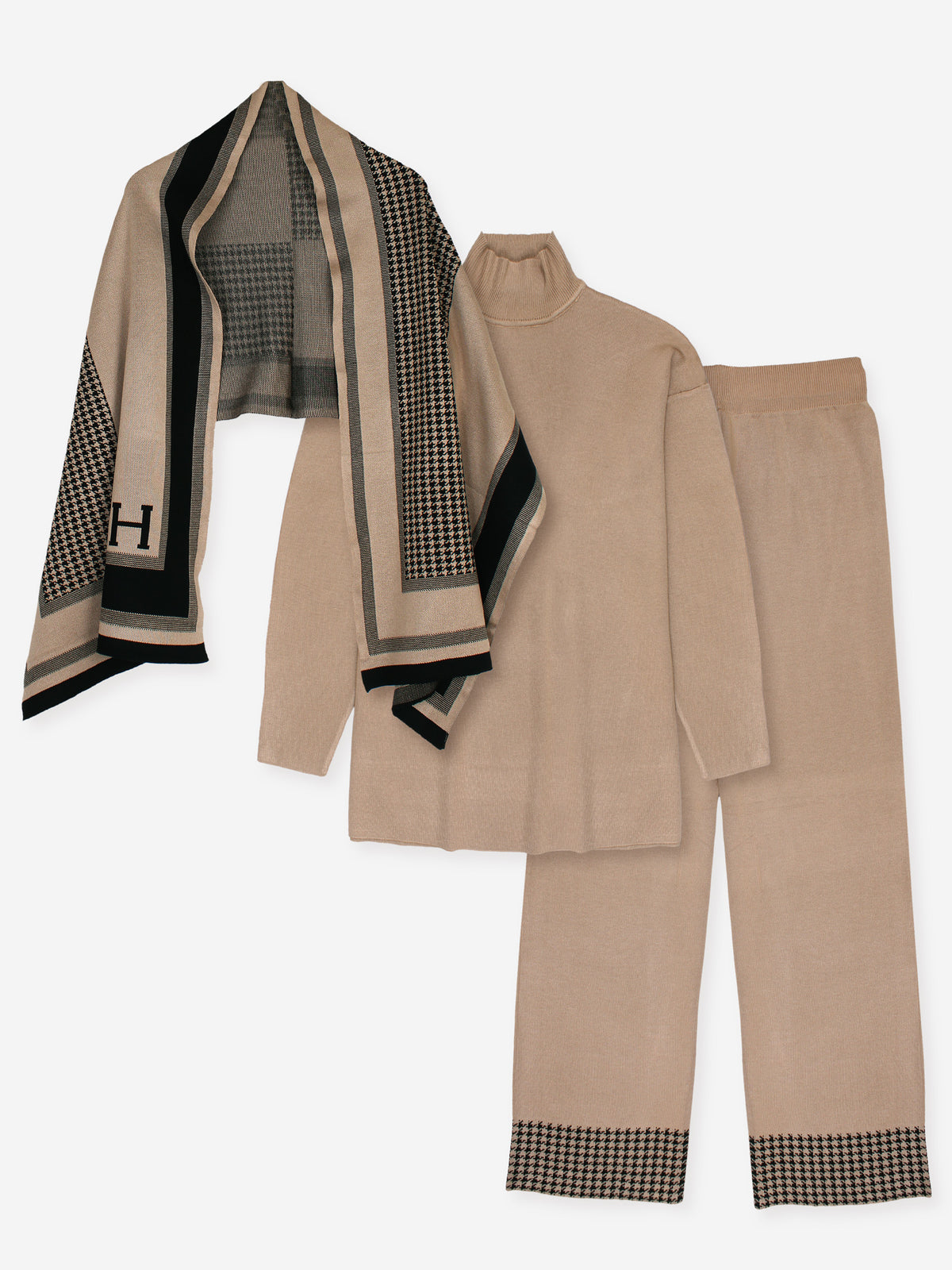 The Heritage Houndstooth 3-Piece Knit Set (Beige)