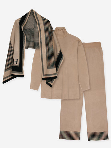The Heritage Houndstooth 3-Piece Knit Set (Beige)