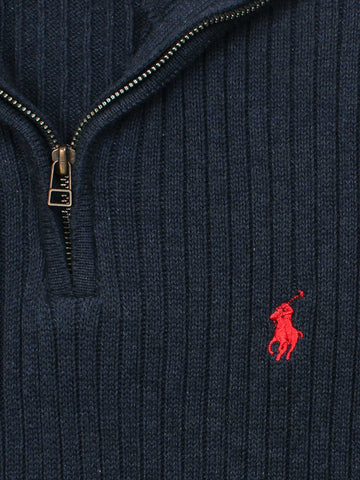RL Rib Knit Half Zipper Cotton Sweater (Navy blue)