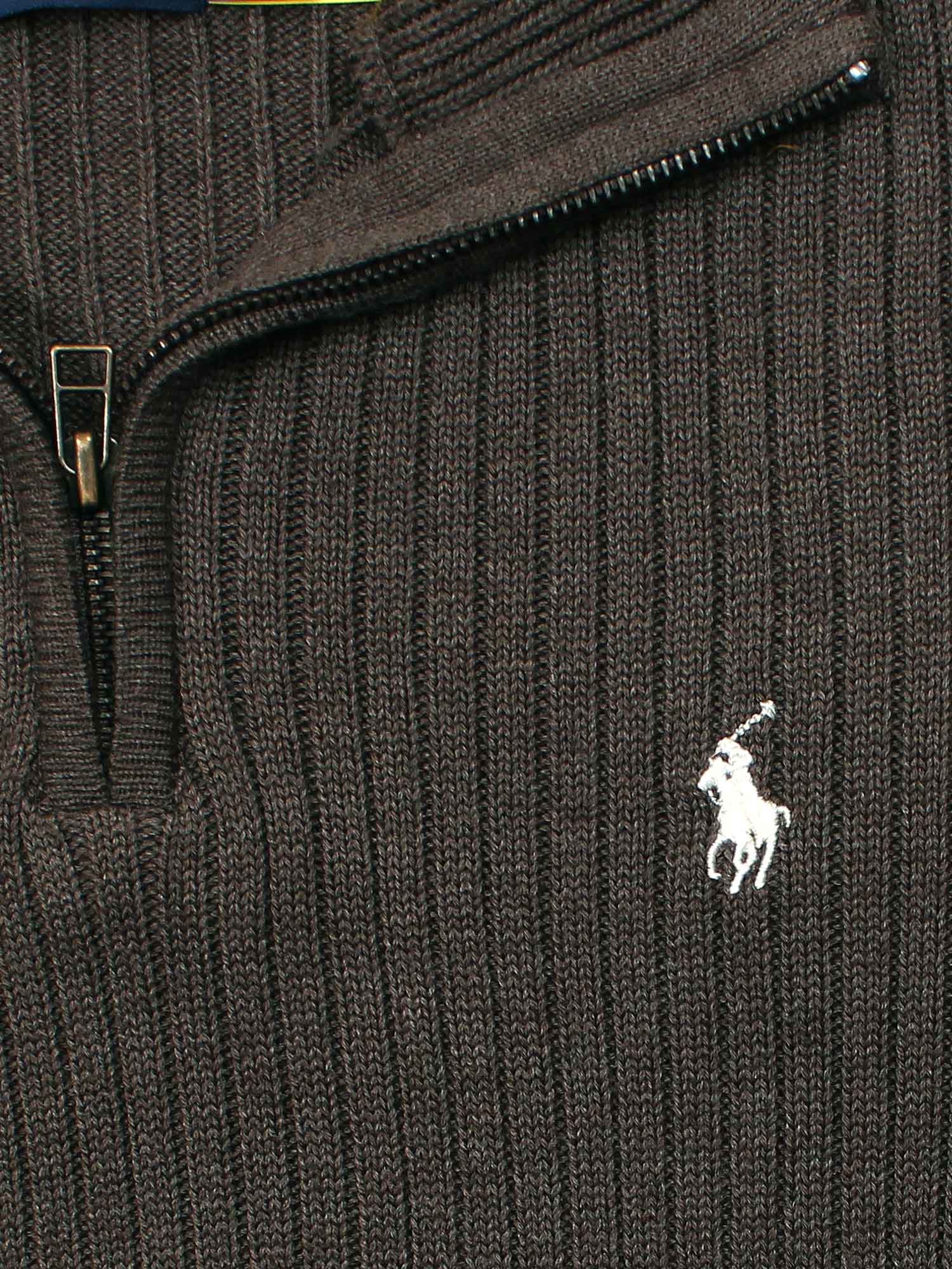 RL Rib Knit Half Zipper Cotton Sweater (dark brown) white pony