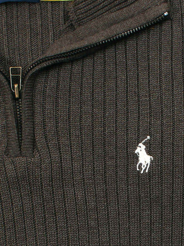 RL Rib Knit Half Zipper Cotton Sweater (dark brown) white pony
