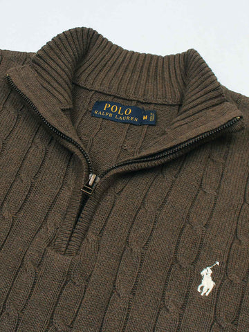 RL Cable-Knit Half Zipper Cotton Sweater (brown)