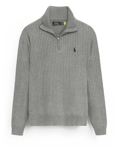 RL Rib Knit Half Zipper Cotton Sweater (heather grey)