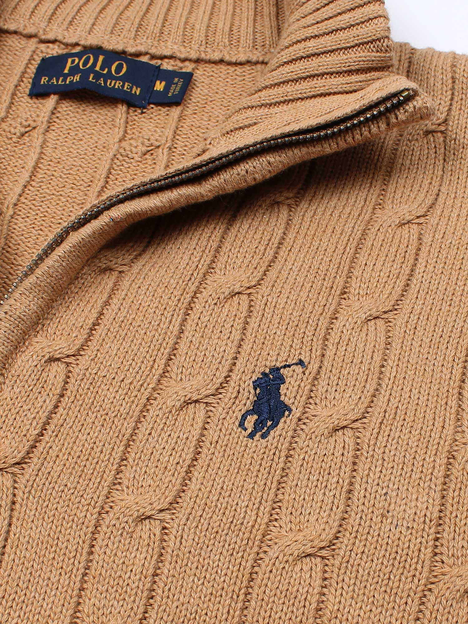 RL Cable-Knit Half Zipper Cotton Sweater (camel brown)