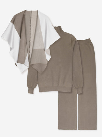 The Geo-Block Poncho Knit Set (Taupe & White)