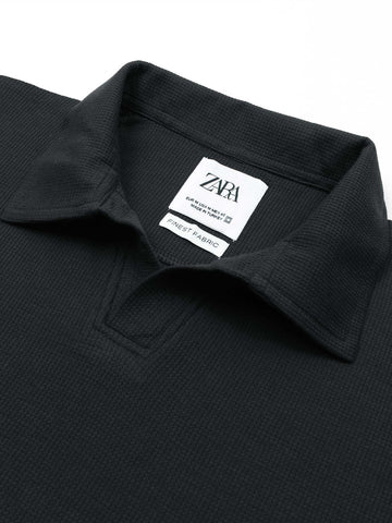 Brandahub polo shirts Premium Zr Waffle knit johnny collar polo-(black)