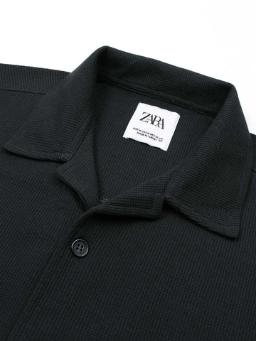 Brandahub polo shirts Premium Zr Waffle knit Resort collar shirt-(black)