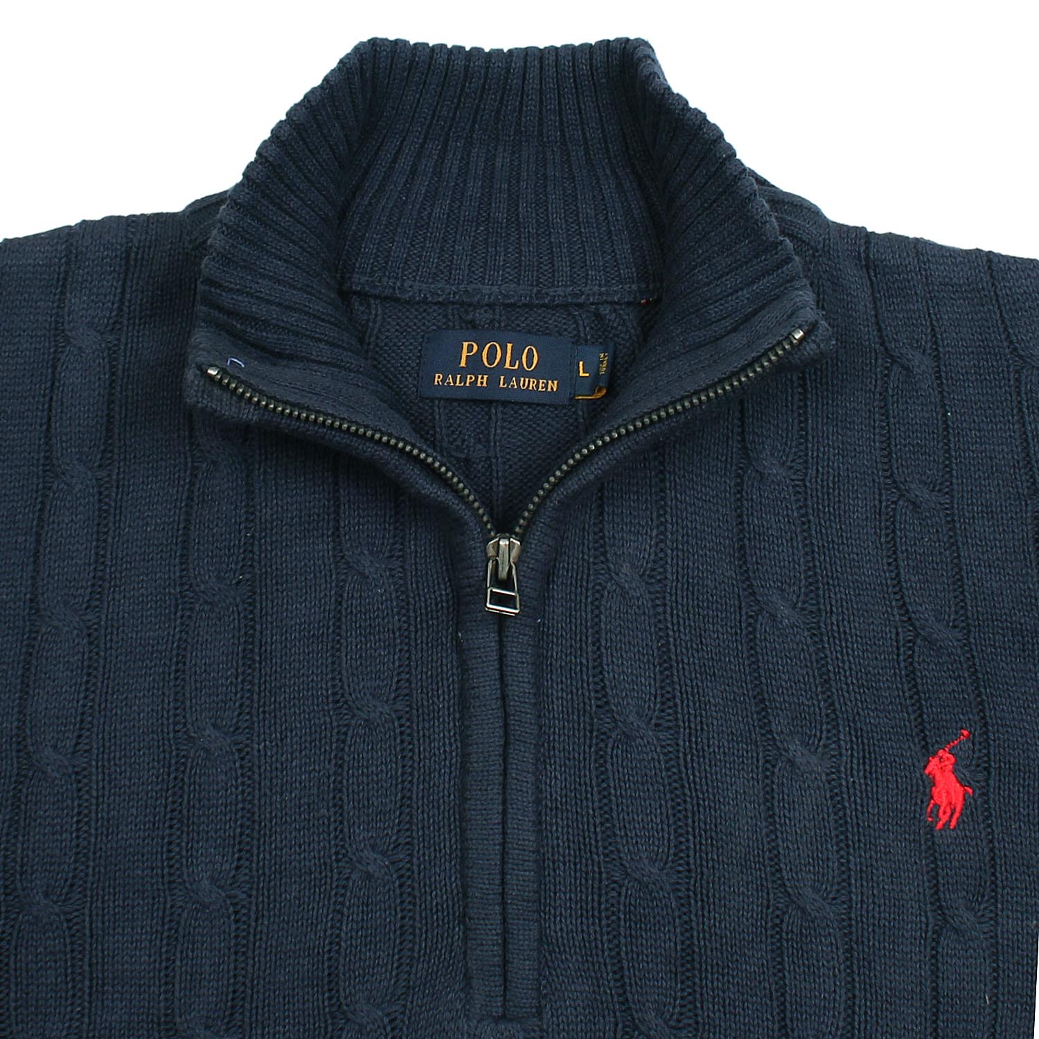 RL Cable-Knit Half Zipper Cotton Sweater (navy blue)