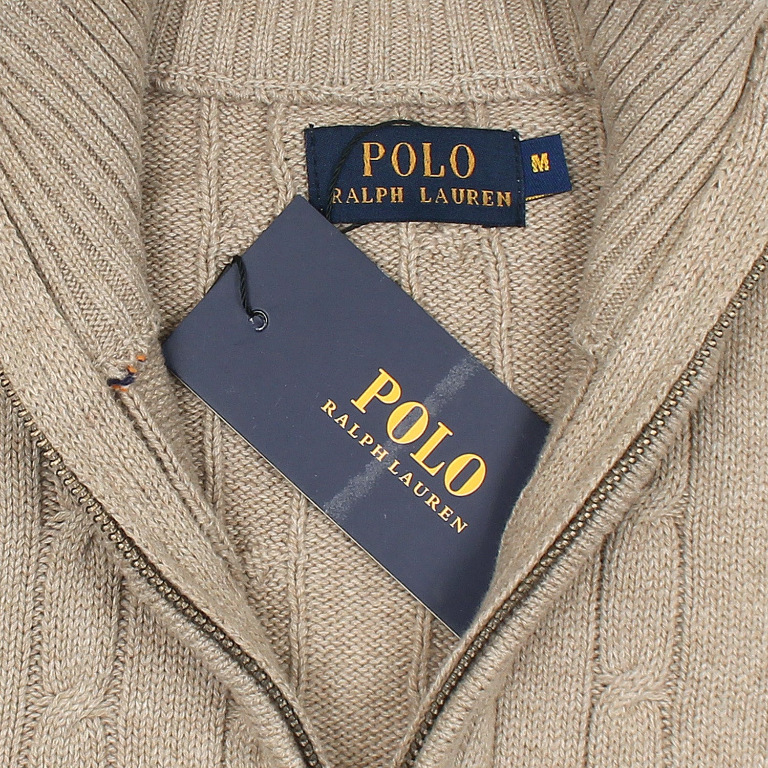 RL Cable-Knit Half Zipper Cotton Sweater (light brown)
