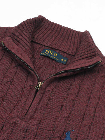 RL Cable-Knit Half Zipper Cotton Sweater (maroon)