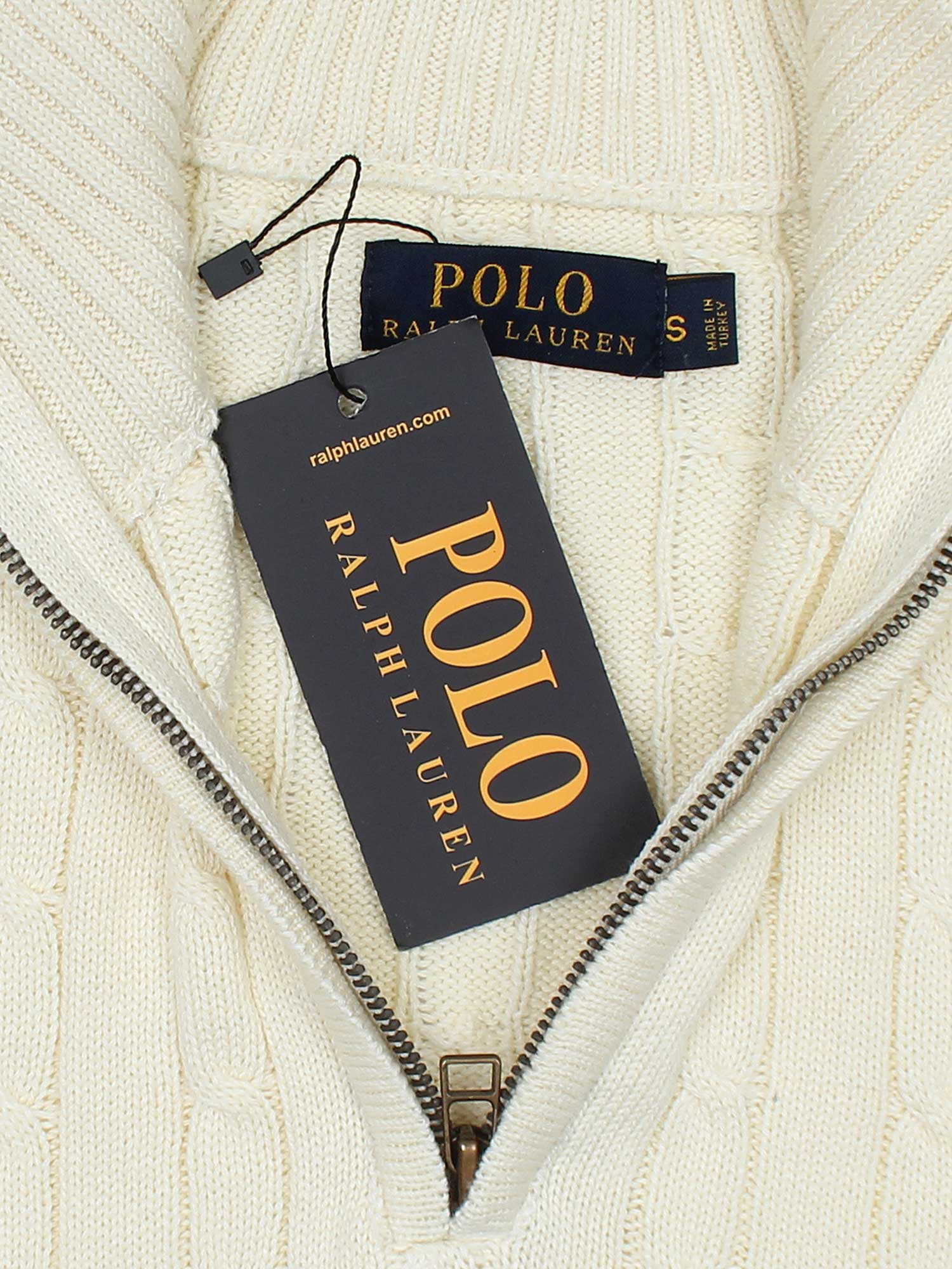 RL Cable-Knit Half Zipper Cotton Sweater (lemon white)