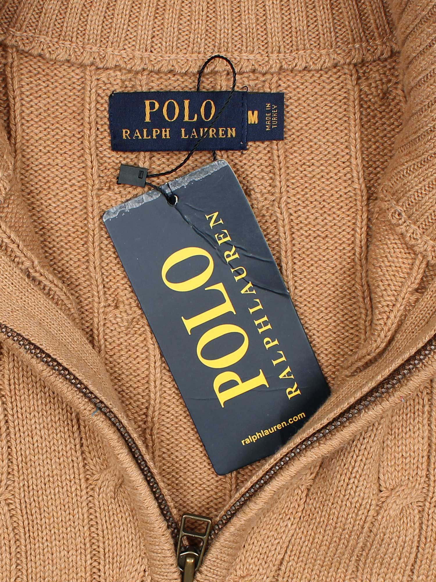 RL Cable-Knit Half Zipper Cotton Sweater (camel brown)