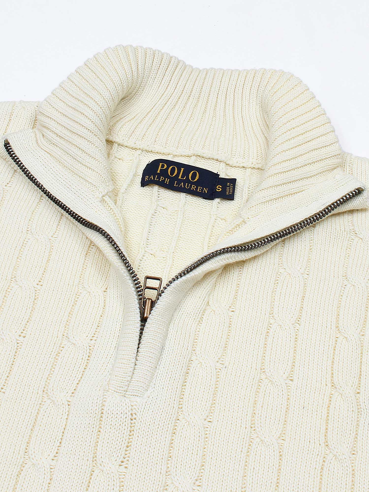 RL Cable-Knit Half Zipper Cotton Sweater (lemon white)