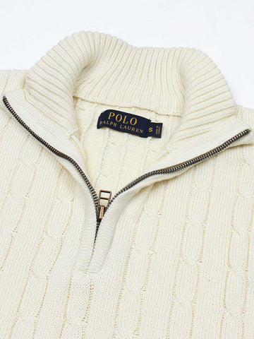 RL Cable-Knit Half Zipper Cotton Sweater (lemon white)